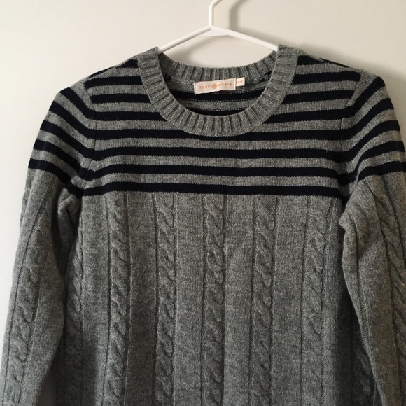 TORY BURCH Sharlene Grey + Navy Cable Knit Wool Crew Sweater XS - Picture 3 of 7